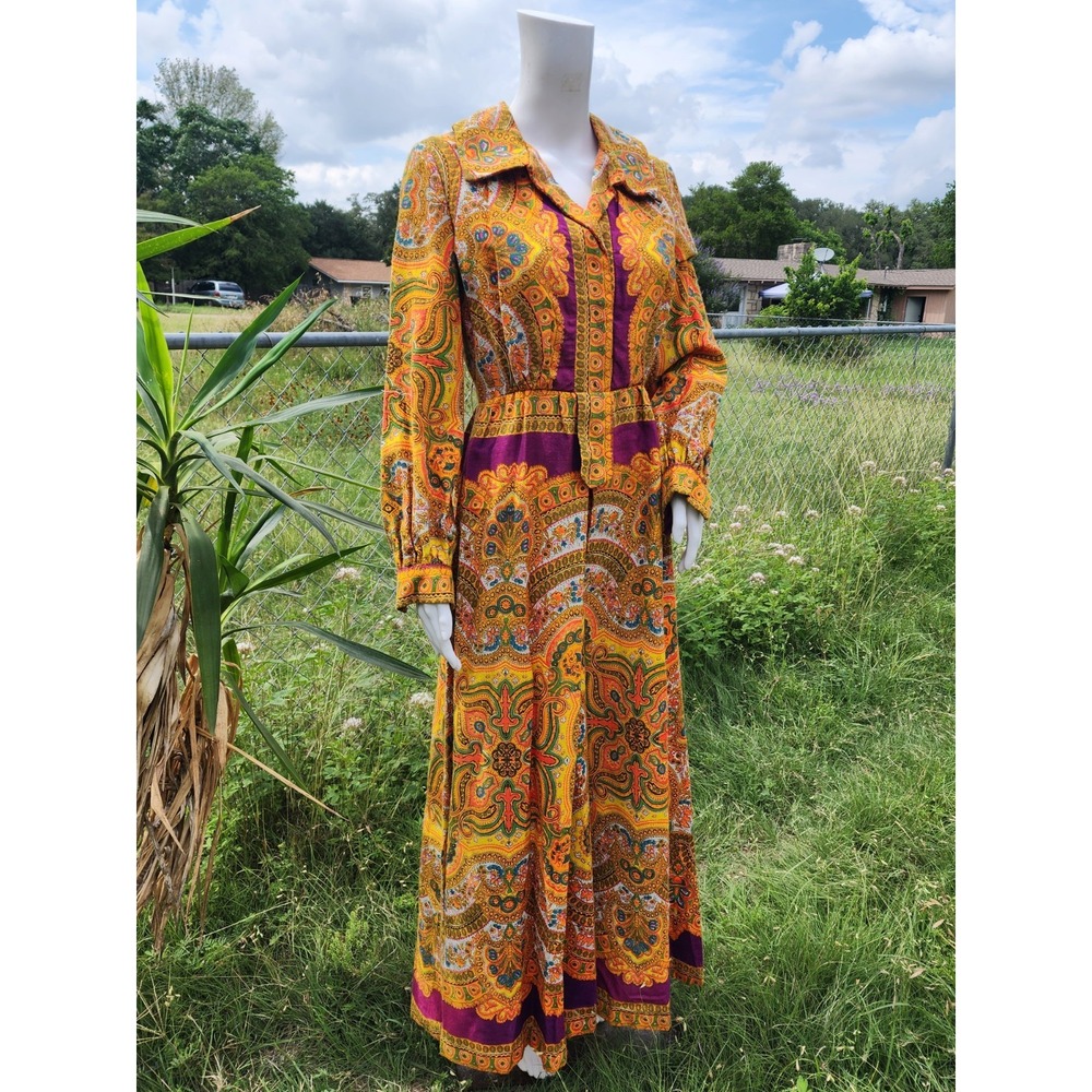 VTG Paisley Palazzo Jumpsuit Wide Leg Mod Psychedelic Boho Hippie Culottes Sz 10